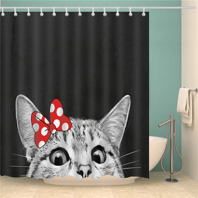 Bộ Rèm Cửa Nhà Tắm In Hình Mèo 3D Kèm 12 Móc Treo Bằng Polyester Chống Nước