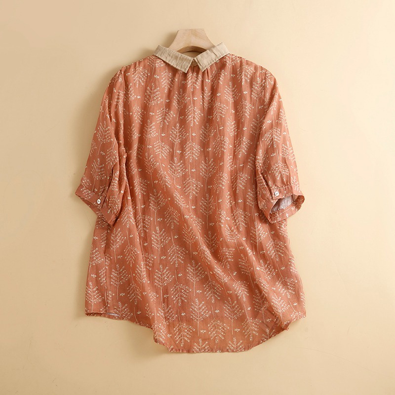 Ice pick up! Printed cotton linen tops short-sleeved shirt lapel ramie thin brand cut label