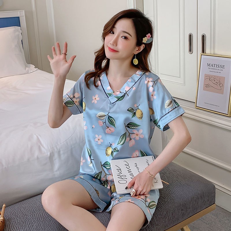 ☞✚♗Pyjama nữ mùa hè băng lụa mỏng ngắn tay cổ chữ V phiên bản Hàn Quốc bộ đồ hai mảnh giả mới ngọt ngào phục vụ tạ