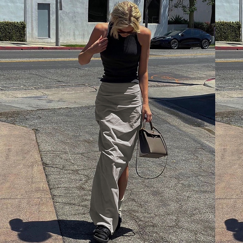 DUNEA Chân Váy Dài Lưng Cao Xẻ Tà Phối Khóa Kéo Phong Cách Đường Phố Cá Tính Cho Nữ