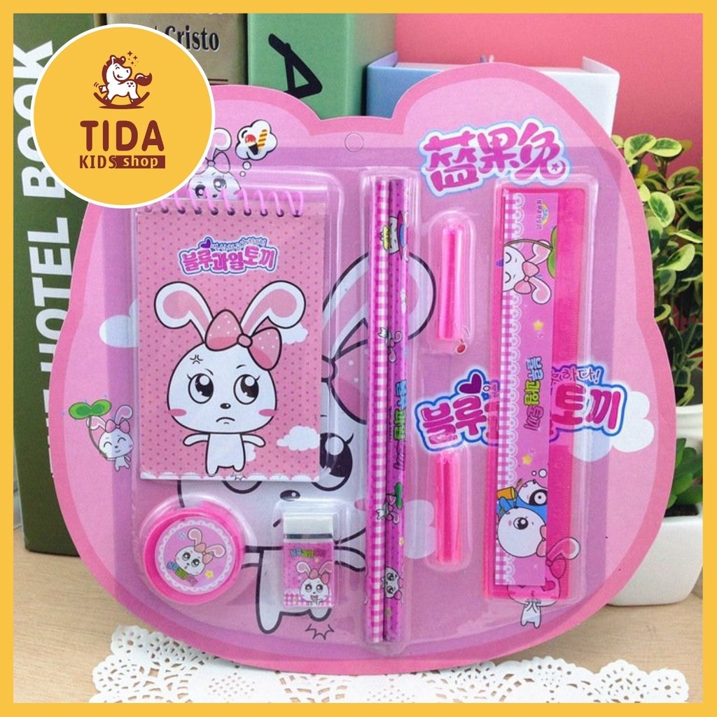 Set Đồ Dùng 8 Món ⚡️ HOT TREND ⚡️ Thước, Bút Chì, Gọt Chì, Tẩy Chì, Sổ Dễ thương, Văn Phòng Phẩm TiDa Kids Shop