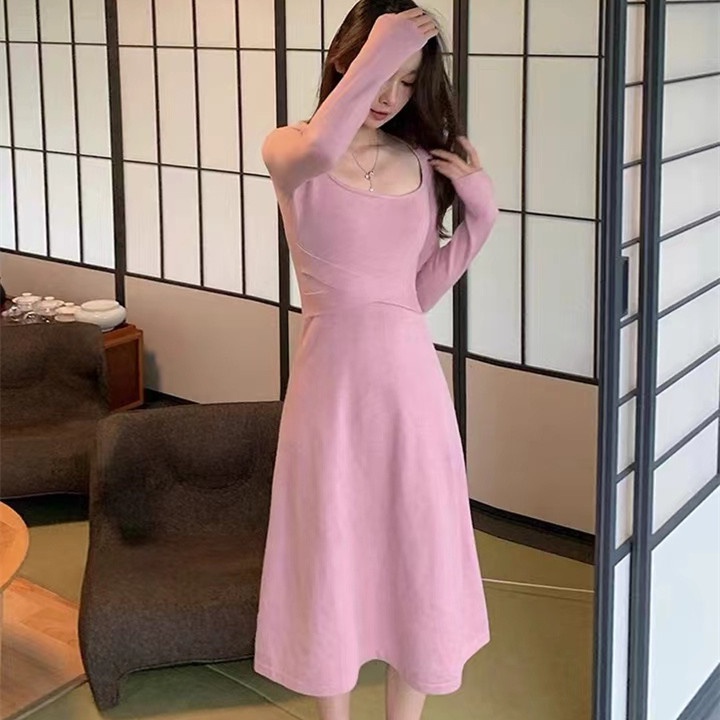 SUXI Đầm Dệt Kim Dáng Chữ A Màu Sắc Đơn Giản Phong Cách Vintage Dành Cho Nữ