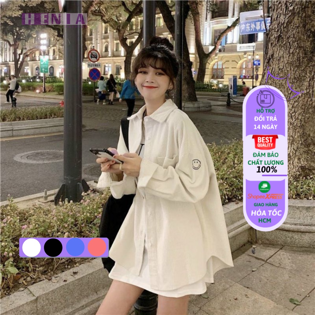 Áo Sơ Mi Nữ ,Áo Khoác Dài Tay Oversize Form Rộng Thêu Hình Mặt Cười Chất Vải Nhung Tăm Nhiều Màu