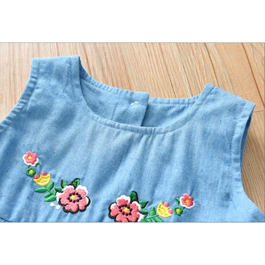 Váy đầm bé gái vải denim thêu hoa phong cách Hàn Quốc mẫu mới mùa hè 2022