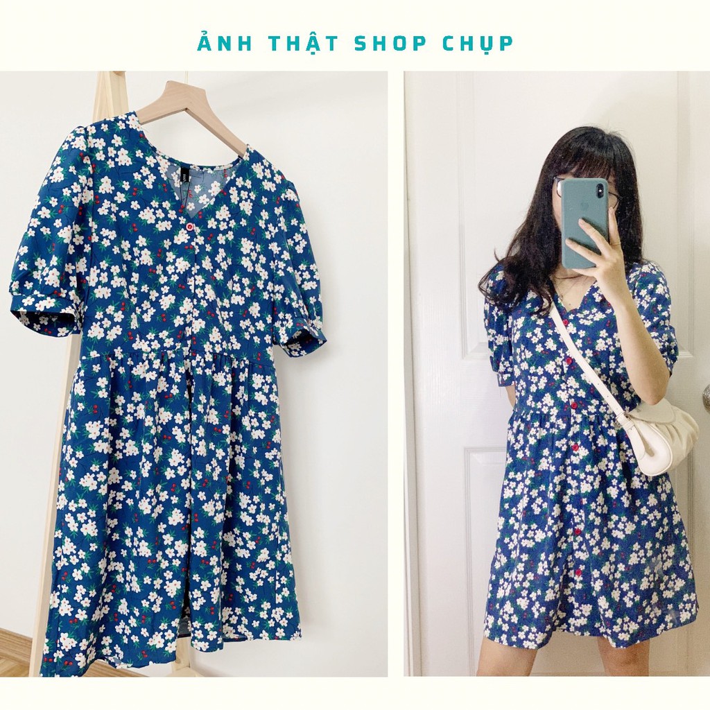 Váy hoa nhí xanh cổ V xinh xắn phong cách Ulzzang