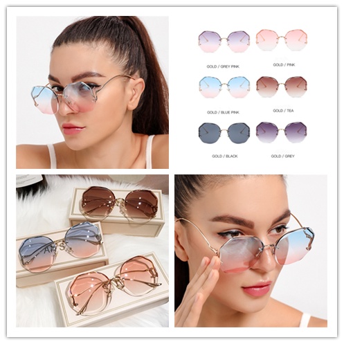 Cod Qipin Ins Kính Râm Không Viền Cắt Cạnh Màu Gradient Trà Xanh Dương Trong Suốt Phụ Kiện Đi Biển Ngoài Trời Cho Nữ