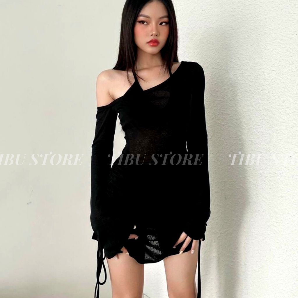 Đầm body tay dài lệch vai TIBU, Váy nữ kèm bra tôn dáng gợi cảm phối dây rút đi chơi dự tiệc