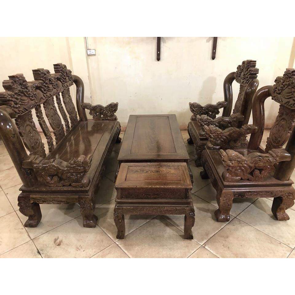 Bộ bàn ghế nghê 3 đầu gỗ mun đuôi công