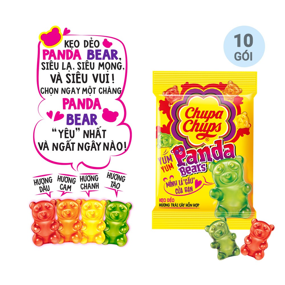 Kẹo dẻo Chupa Chups Panda House gồm 10 gói kẹo dẻo vị Cola và 10 gói kẹo dẻo vị Panda