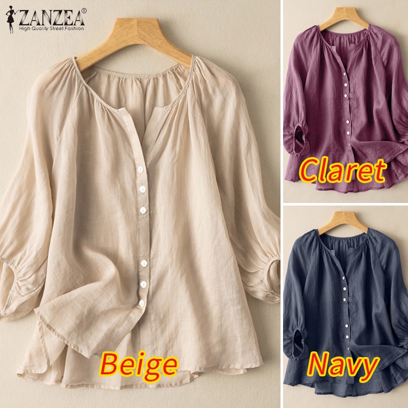 Áo kiểu ZANZEA tay phồng cổ tròn 3 / 4 thời trang cho nữ ZANZEA