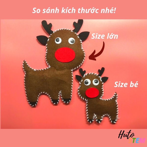 Thú Nhồi Bông DIY Bằng Vải Nỉ, Hai Thú Nhồi Bông Noel Size lớn, Full phụ kiện + Tặng kèm đèn nháy và stickers tự cắt dán