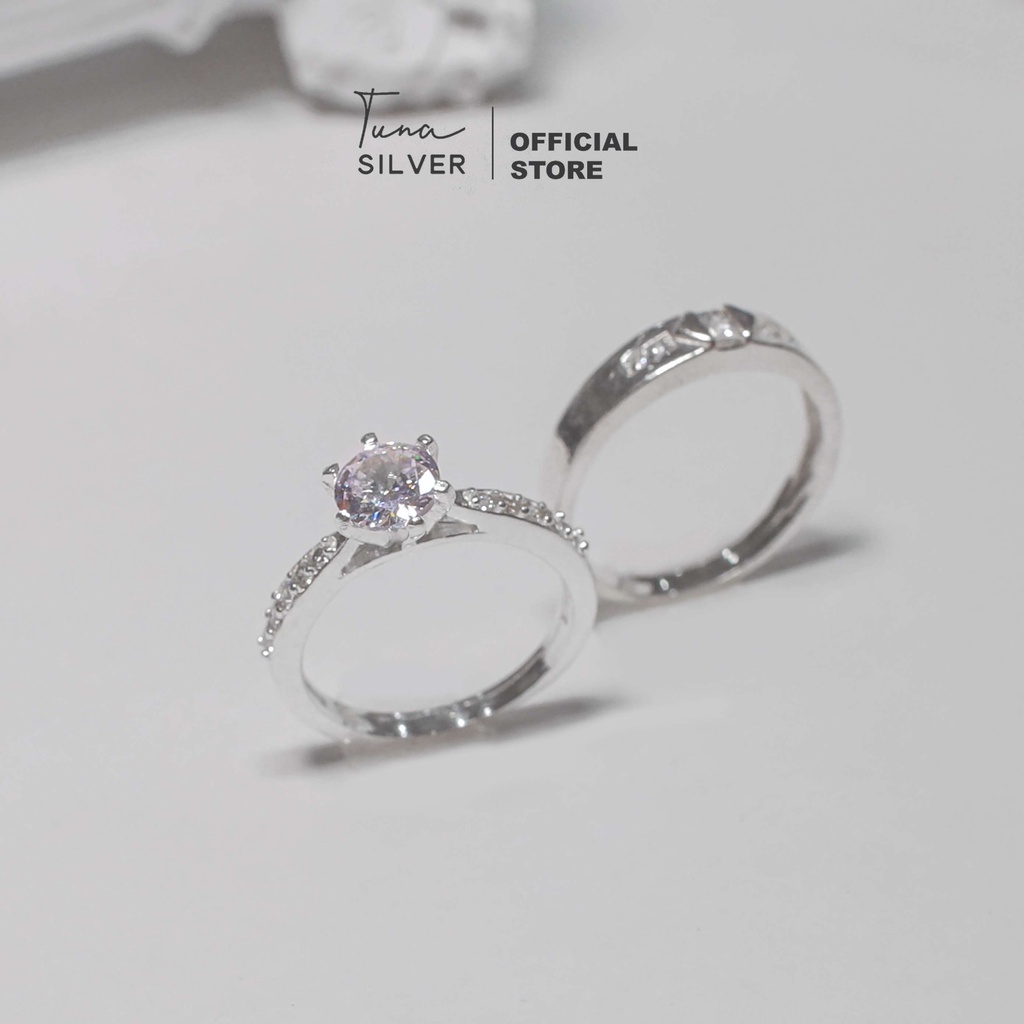 Nhẫn đôi bạc nam nữ gắn đá, nhẫn cặp bạc tình yêu nam nữ cao cấp TUNA SILVER Cam kết chuẩn bạc
