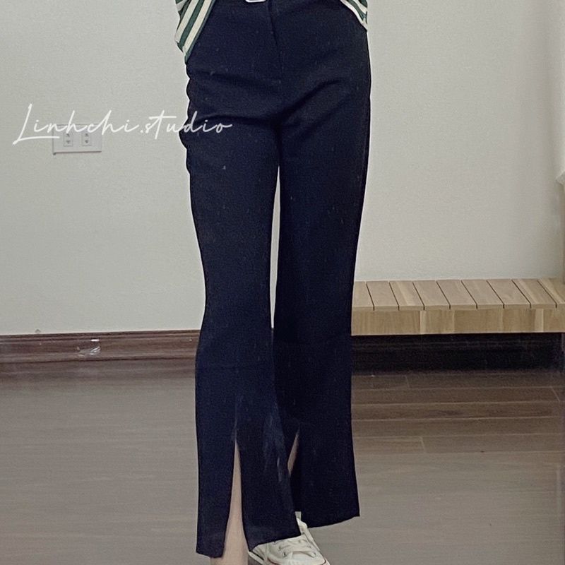 Quần ống loe xẻ gấu trước cạp cao tôn dáng chất tuyết mưa_Linhchi.studio