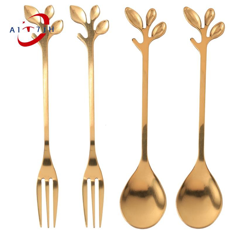 Tableware Gold Leaf Coffee Spoon Fork,4 Pack(2 Spoons 2 Forks) Little Demitasse Espresso Spoon and Appetizer Dessert Forks Set,4.7 Inches Tea Spoon Set