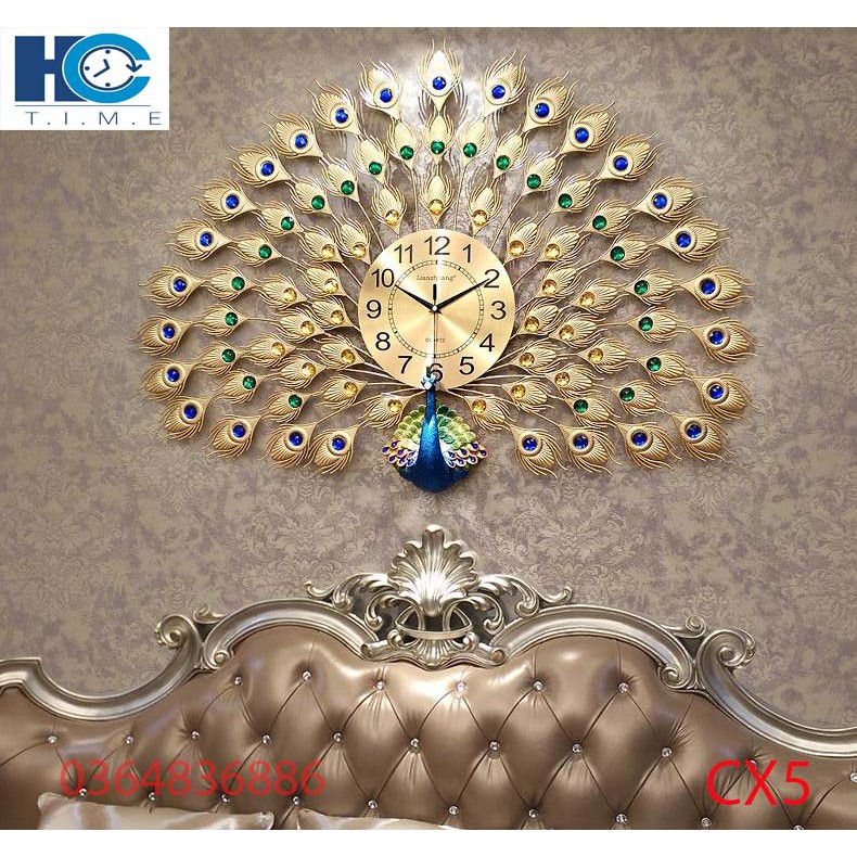 Đồng hồ treo tường trang trí chim công decor CX5 kích thước 100x70 cm
