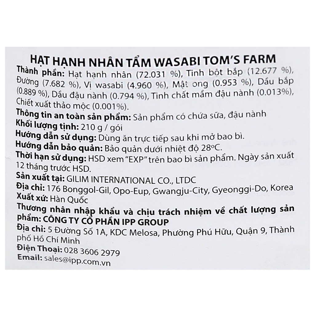 Hạnh nhân tẩm Wasabi Tom's Farm - Gói 210g