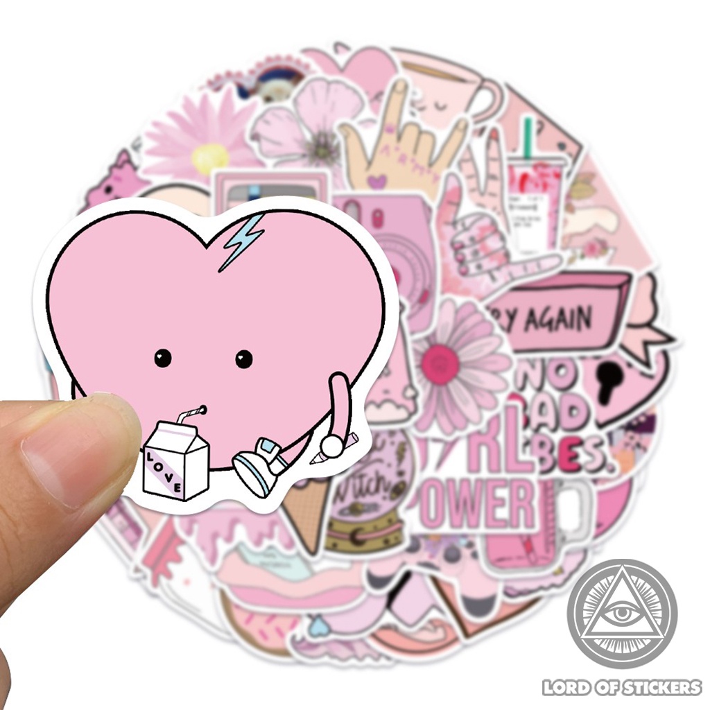 Set 50 Miếng Dán Sticker Họa Tiết Graffiti Màu Hồng Cute Chống Thấm Nước Trang Trí Mũ Bảo Hiểm, Điện Thoại, Laptop, Sổ