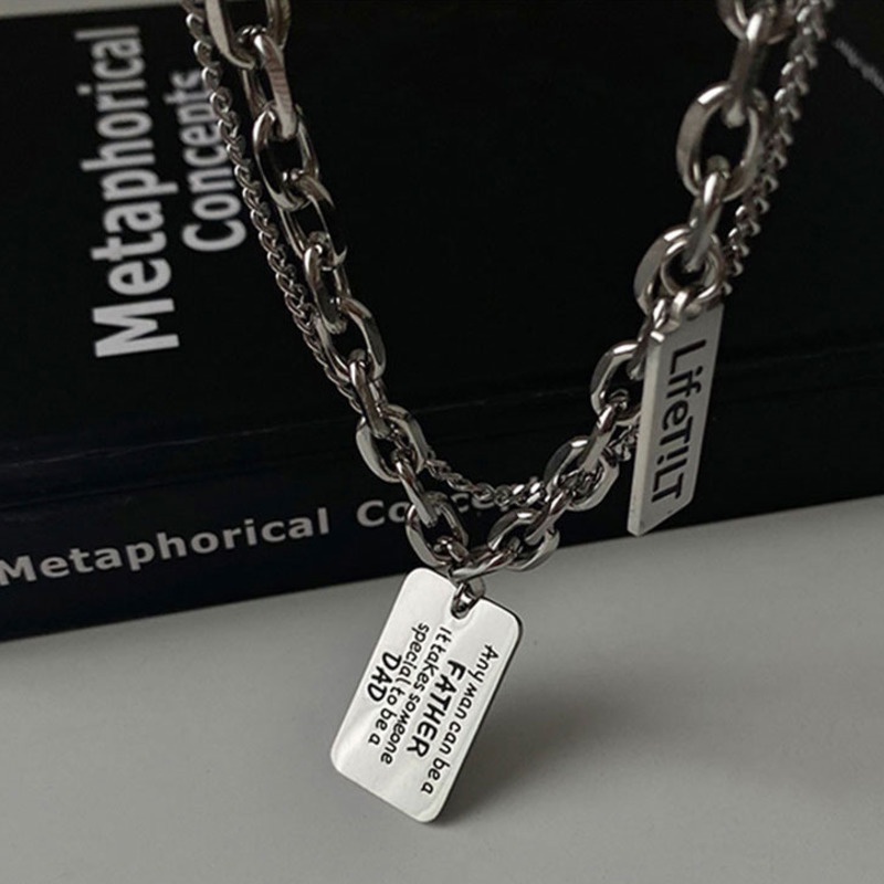 Dây chuyền hai lớp chồng lên nhau mặt tag họa tiết chữ cái dễ phối đồ phong cách retro hip hop đường phố 19501