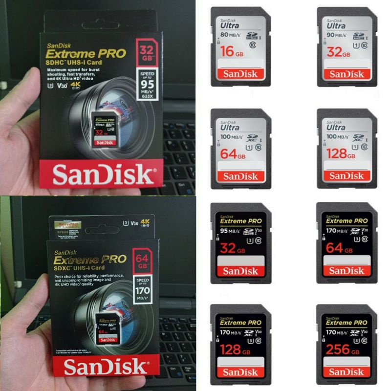 Thẻ nhớ máy ảnh Sandick Extreme PRO 128GB 64GB 32GB 16GB U3  upto 170MB/s chụp tốc độ cao và quay video 4K