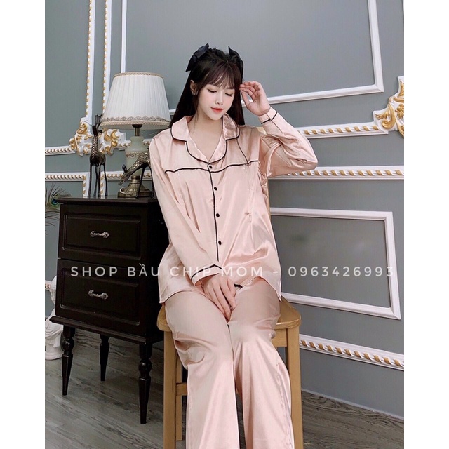 Bộ Lụa Pijama Mặc Bầu và Sau sinh- Chất Lụa gấm đẹp, áo khoá kéo cho bé ti quần chun chỉnh thoải mái