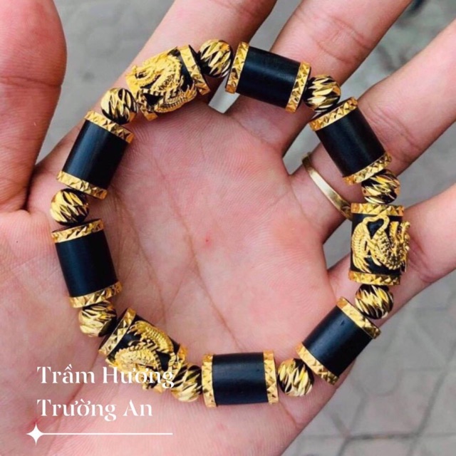 Vòng đeo tay trầm hương INDONESIA bọc vàng mạ 24K gắn rồng