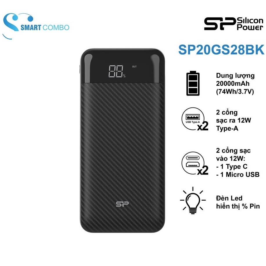 [Mã ELBAU150 giảm 8% đơn 500K] Pin sạc dự phòng Silicon Power - GS28 20.000mAh - Hàng chính hãng