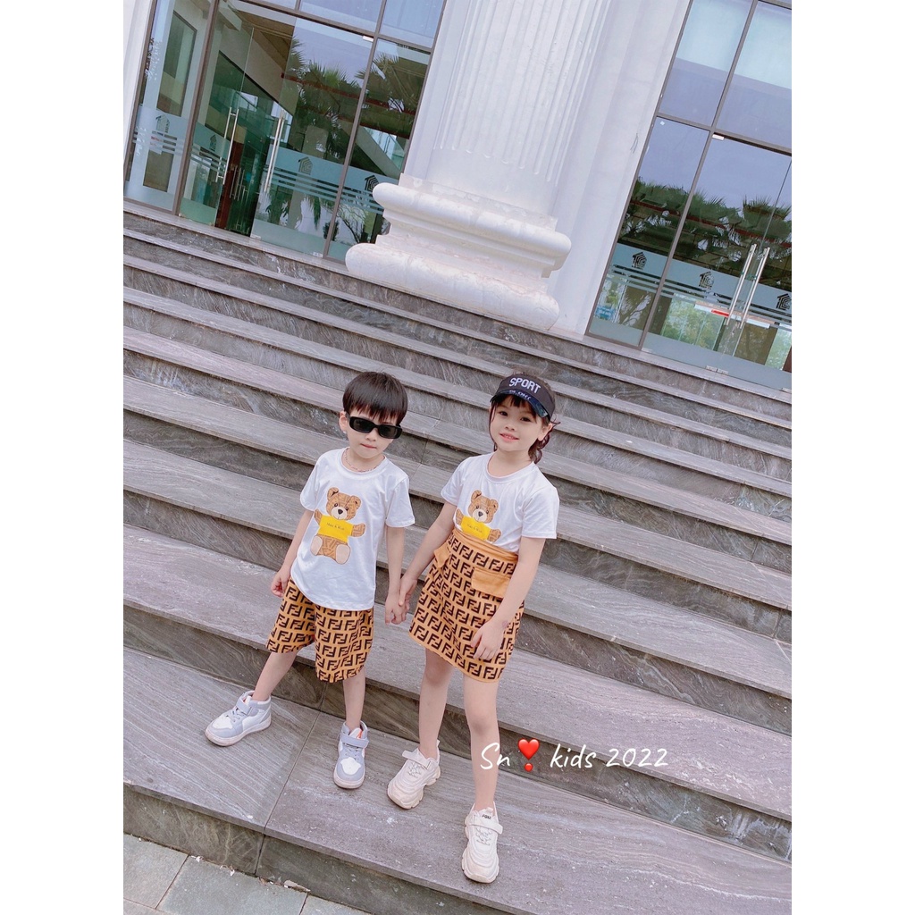 Bộ cộc tay bé trai, bé gái, cặp bộ đồng phục Fendiii vàng hot cho bé size 10-35kg