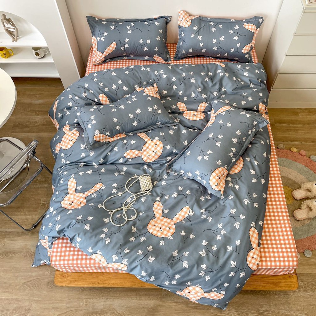 Bộ chăn ga gối cotton poly Lidaco decor phòng ngủ vintage - Thỏ Caro Hồng (SP001411)