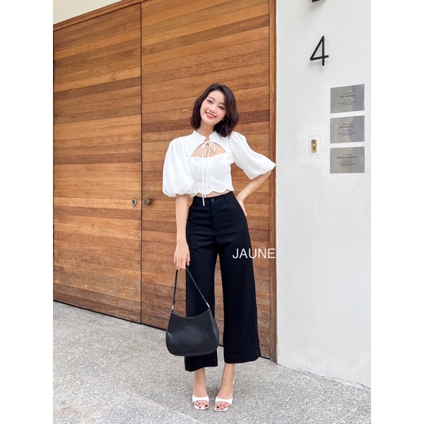 Áo croptop cổ tàu, tay phồng ngắn JAUNE- SELLY TOP