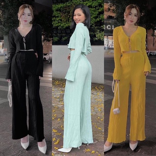 Set áo kiểu croptop cột dây tay dài + quần dài ống suông