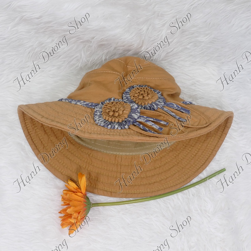 Mũ vành rộng đẹp nón tai bèo nữ vành rộng 7cm gắn hoa 2 hoa kết tít xung quanh vải cotton oát cao cấp phù hợp cho nữ