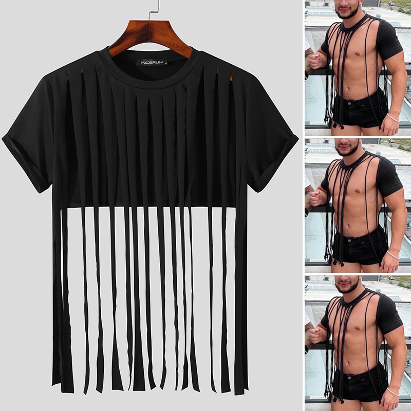 Áo Croptop Tay Ngắn Màu Trơn Phối Tua Rua Phong Cách Dân Tộc Cho Nam