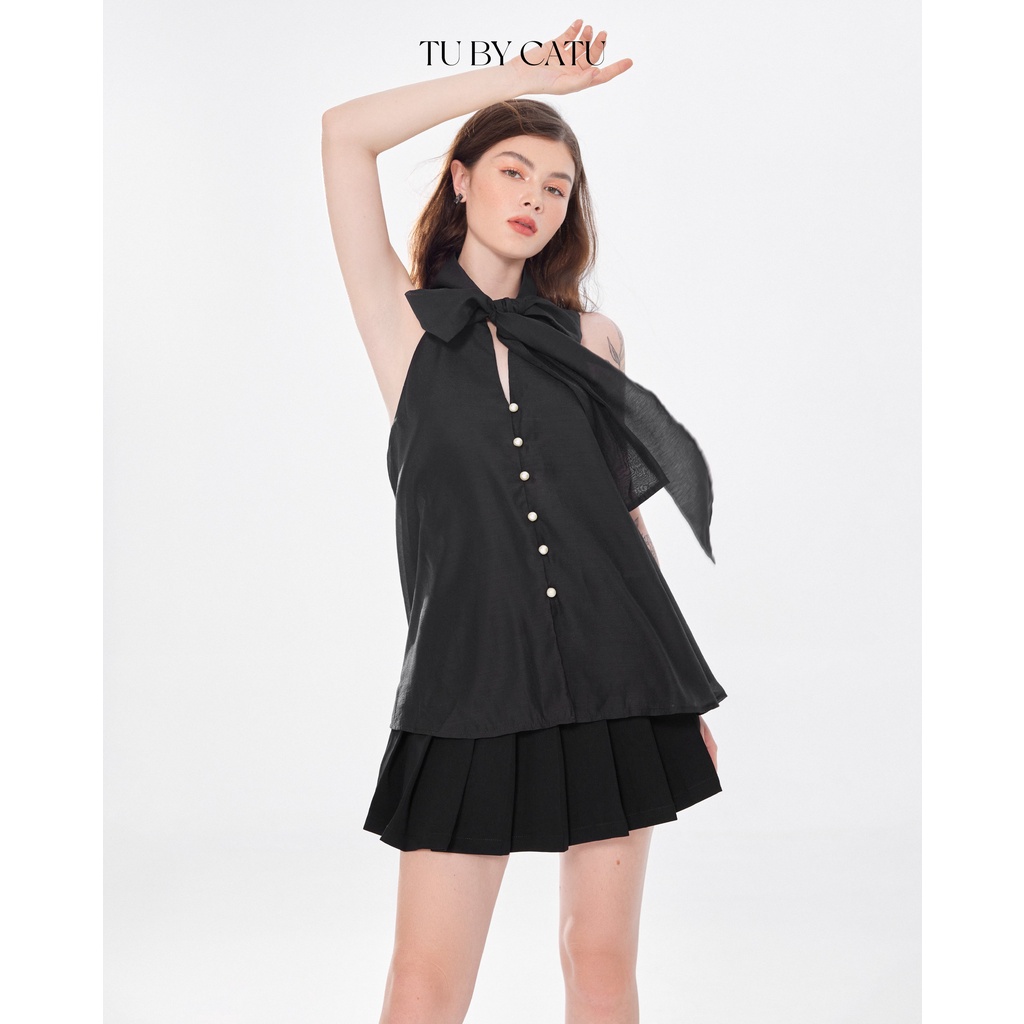 TUBYCATU | Áo yếm organza đen/ trắng nơ cổ nút ngọc