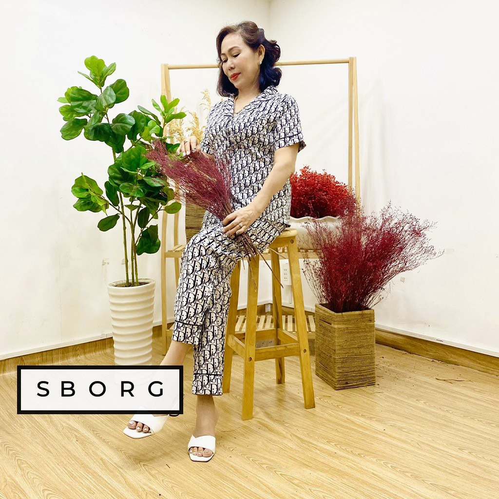 Đồ bộ trung niên SBORG pijama nữ lụa mango hoa nhí cao cấp mặc nhà quần dài có túi bigsize 45-65 kg quà tặng mẹ