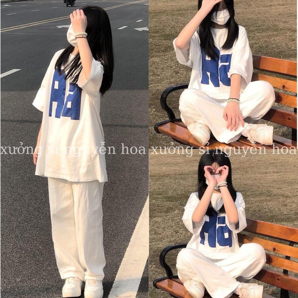 Sét bộ áo thun tay form rộng in chữ Aa kèm quần xuông trắng phong cách trẻ trung năng động xưởng sỉ nguyễn hoa