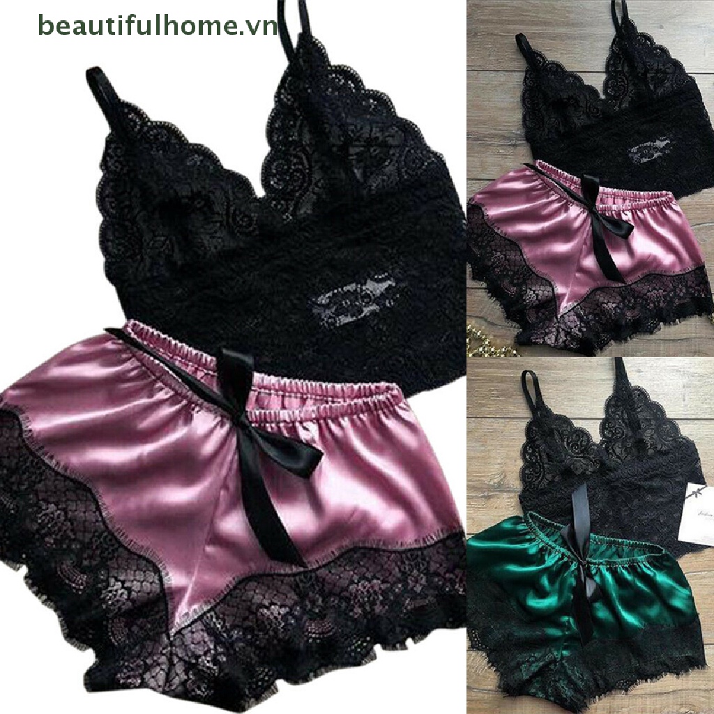 Bộ Đồ Ngủ 2 Món Áo Phối Ren + Quần Short Thời Trang Quyến Rũ Cho Nữ
