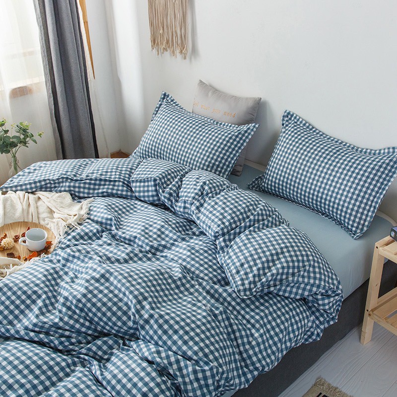 Set Chăn Ga Gối Caro Xanh Dương Phong Cách Hàn Quốc ( KHÔNG KÈM RUỘT )