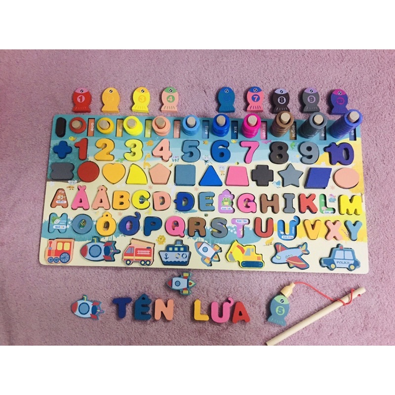Đồ chơi trẻ em bảng chữ cái tiếng việt tiếng anh ghép số câu cá bằng gỗ lắp ráp xếp hình thông minh cho bé