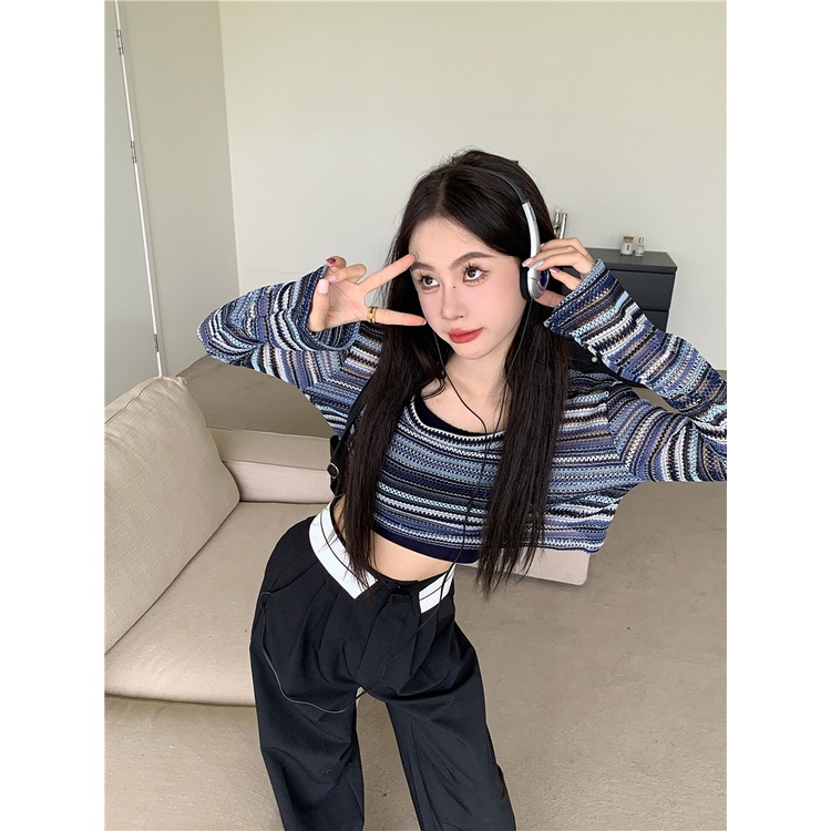 QADCOL Áo Thun Nữ Tay Dài Kẻ Sọc Thời Trang Hàn Quốc