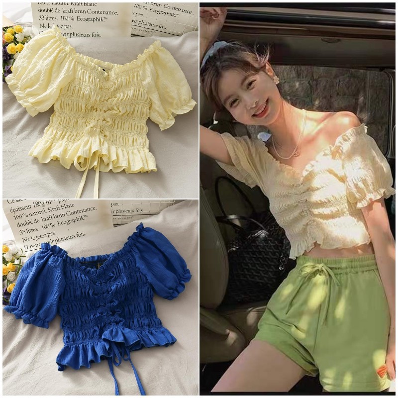 Áo Crop Top Tay Phồng Trễ Vai Phối Dây Rút Thời Trang Cho Nữ