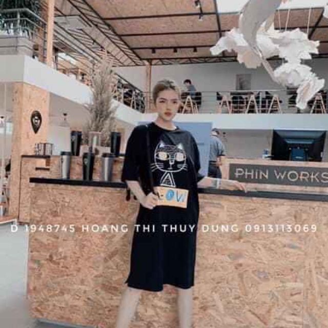 Váy suông cotton hình mèo dáng dài rộng to