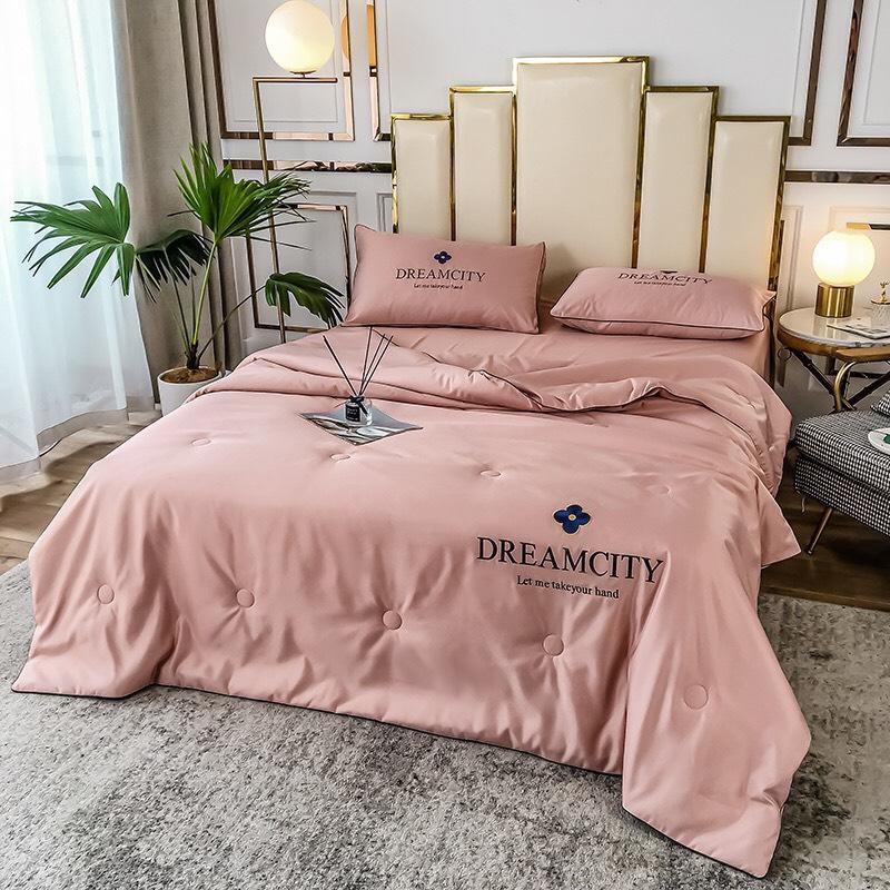 Bộ chăn ga gối Lụa Dream chăn hè thêu hoa 4 món