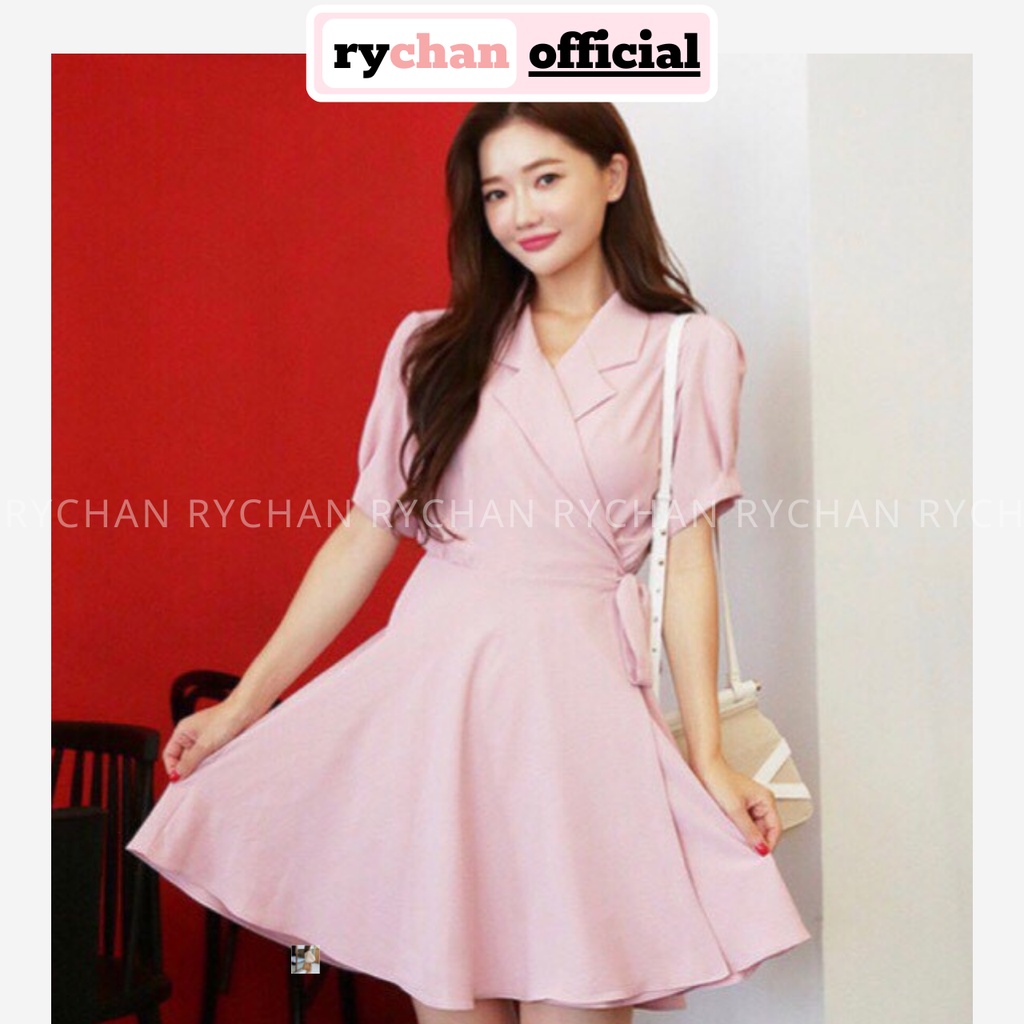 DX032 - Đầm Xòe Hồng Cổ Vest Đắp Tà Đầm Công Sở Đi Làm