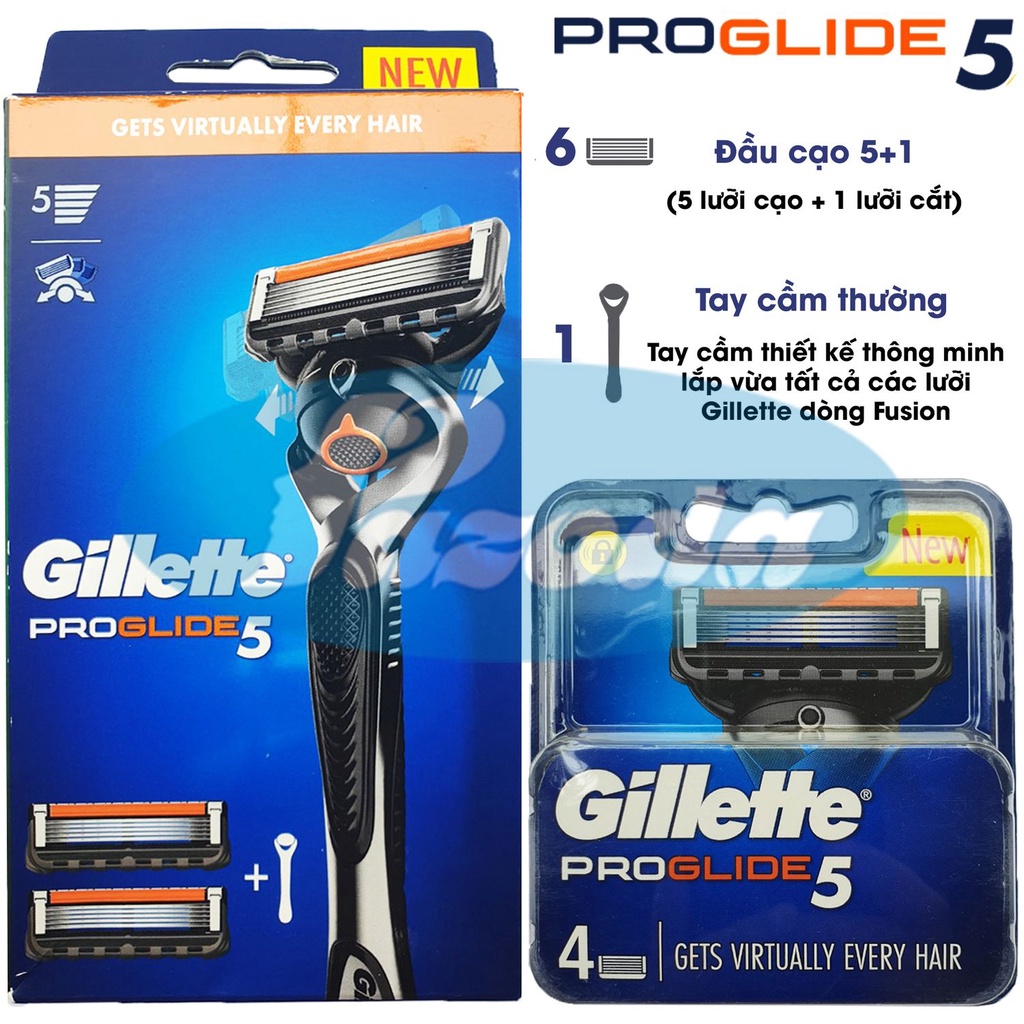 Combo dao cạo râu 5 lưỡi Gillette Proglide5 (1 tay cầm xoay chiều và 6 đầu cạo 5+1)