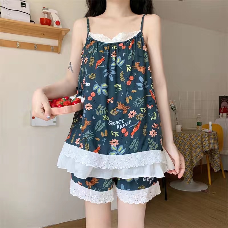 Bộ ngủ mùa hè áo hai dây + quần short hoa nhí mát mẻ