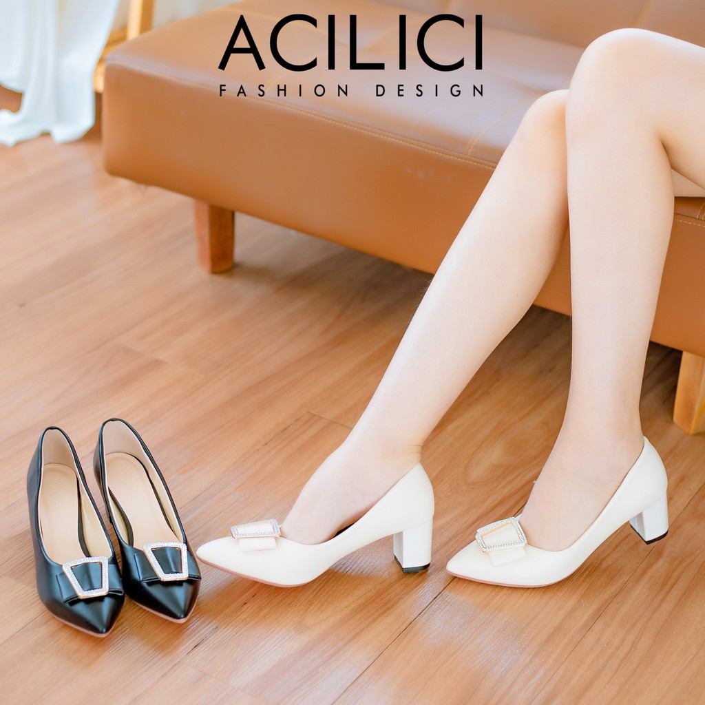 Giày cao gót nữ ACILICI đế vuông, giày búp bê mũi nhọn gót cao 5p chuẩn size màu KEM_TC02