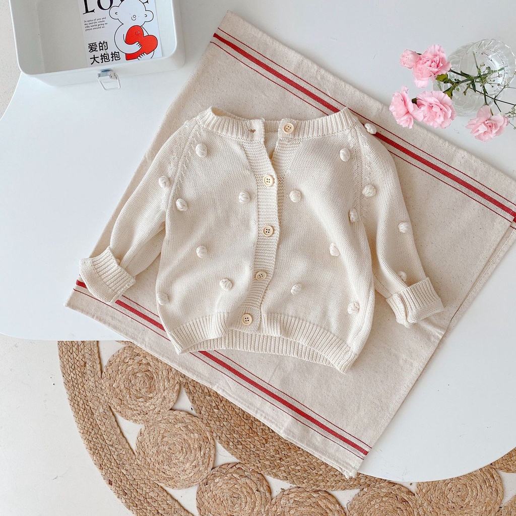 Áo khoác cardigan dệt kim đính quả bông thiết kế mới thời trang mùa thu dành cho bé gái