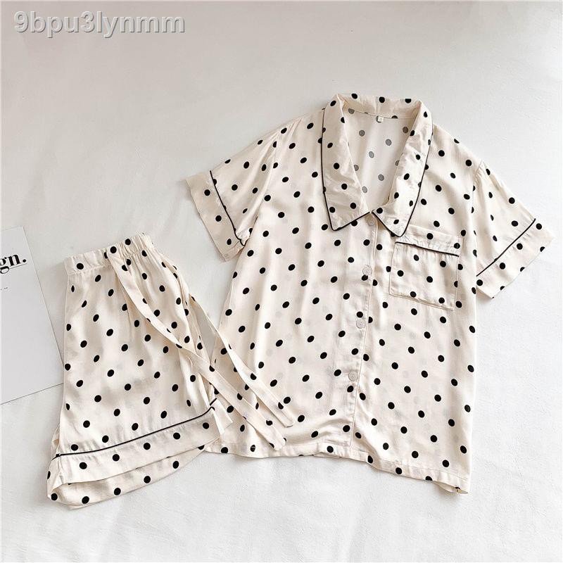 lưới người nổi tiếng băng lụa pijama nữ sinh viên mùa hè ngắn tay quần short dài chấm bi cổ điển phục vụ tại nhà b