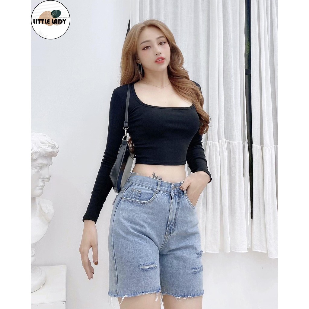 Áo Croptop Tay Dài Cổ Vuông Chất Thun Cotton Lạnh Freesize Màu Đen  "CỔ VUÔNG TAY DÀI"