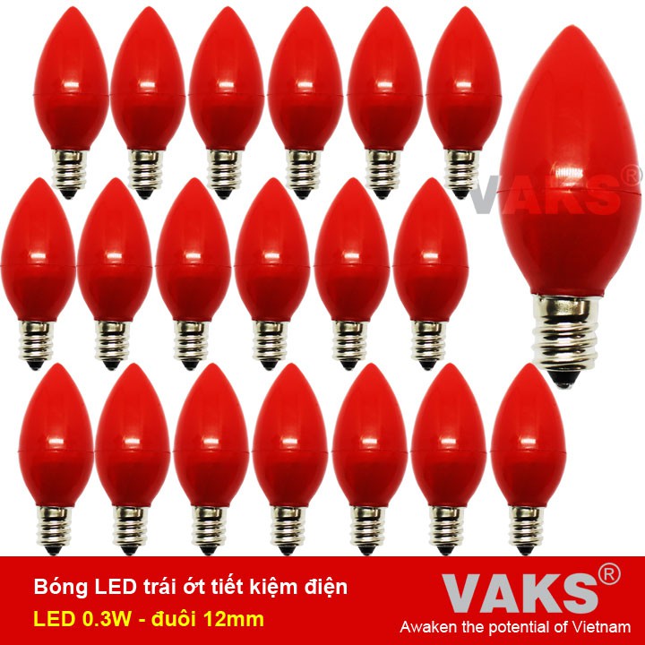 20 bóng led trái ớt tiết kiệm điện 0.3W - E12 - Trắng, đỏ, xanh lá, xanh dương, vàng.